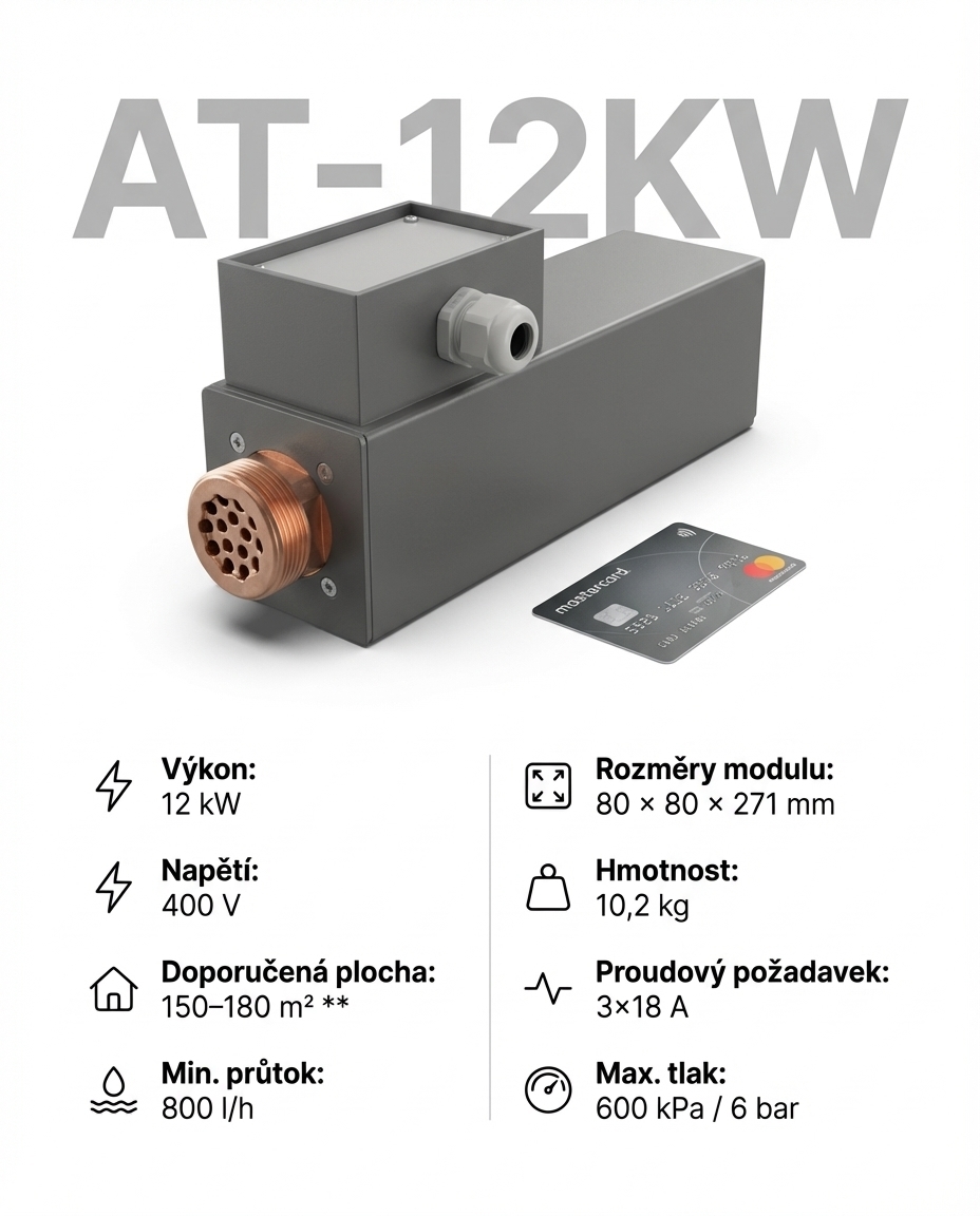 AT-12KW topný modul s přehledem parametrů a rozměry 271 × 80 × 80 mm