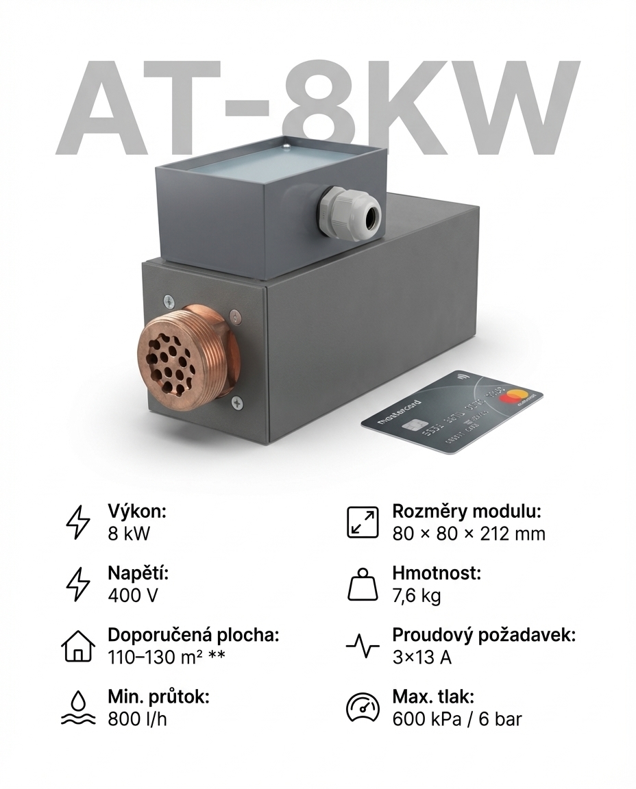 AT-8KW topný modul s přehledem parametrů a rozměry 212 × 80 × 80 mm