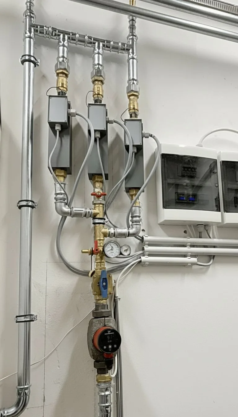 AT modul zapojený do stávajících rozvodů vytápění v technické místnosti