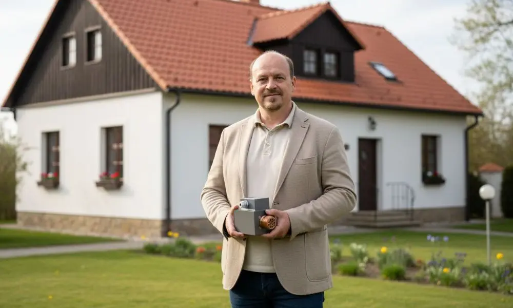 Majitel firmy držící tompný AT modul v ruce pro srovnání jeho velikosti